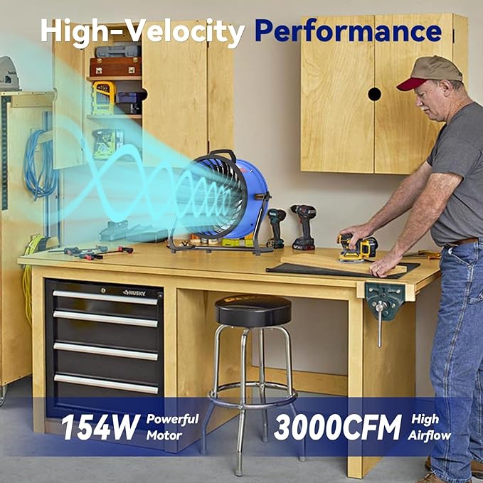 16 Inch High Velocity Industrial Floor Fan, 3000 CFM Heavy Duty Metal Shop Fan, 3 Speeds, 360° Tilt & Wall Mountable, Portable Air Circulator for Garage Workshop Warehouse Gym - UL Listed