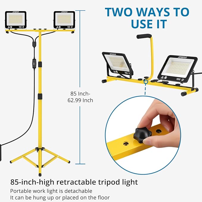 AUTOUTLET 2 Head LED Work Lights with Stand, 19000LM Adjustable Head Tripod Work Light with 16.4ft Cord, 288Pcs LEDs Beads, 3 Color Temperatures, IP66 Waterproof for Garage, Outdoor, Construction