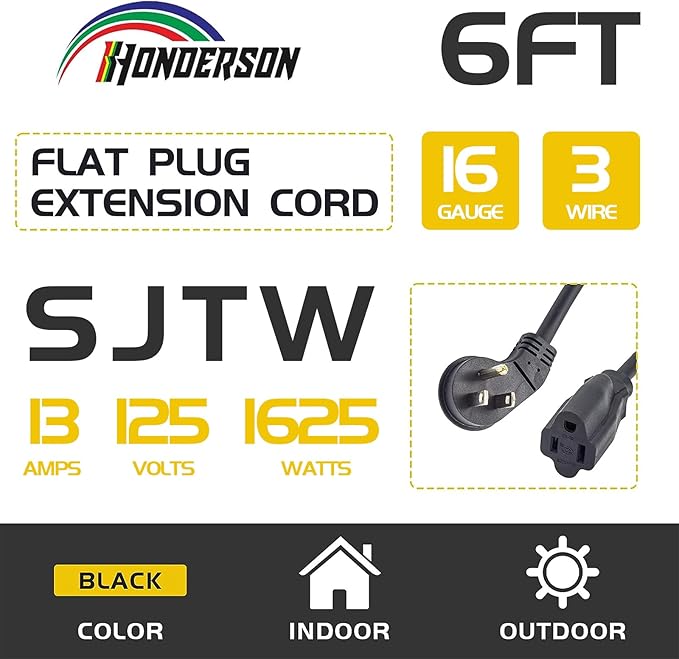 Flat Plug Indoor Extension Cord, UL Certified, 16 Gauge 6FT Black 3 Prong Heavy Duty, 16/3 SJTW 13A Power Cord for Lights, Appliances, Home