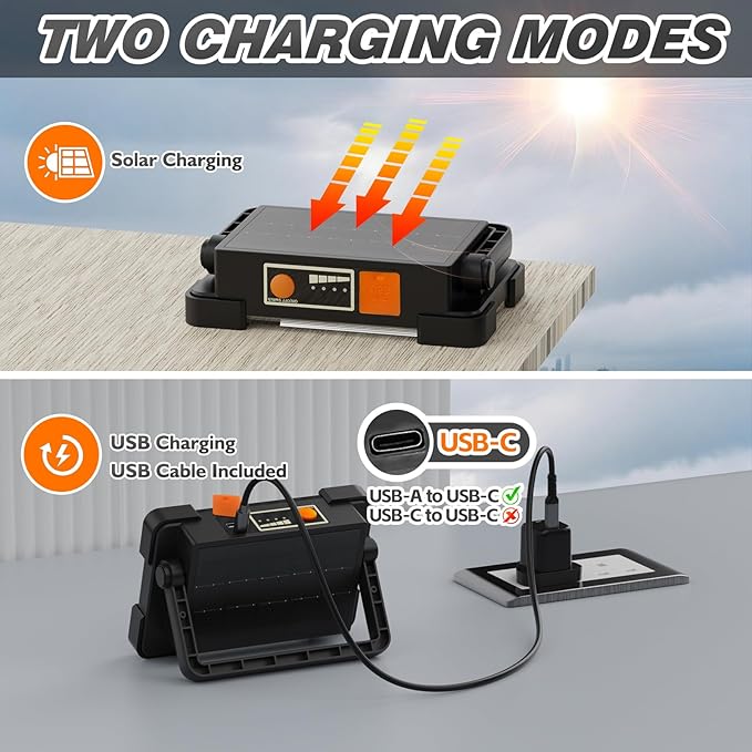 120W Solar Rechargeable Work Light, 144 LED 10000LM Led Work Light with 4 Modes, Portable Flood Light with Stand, IP66 Waterproof Outdoor Working Light for Emergency Mechanic Camping Repair (Black)