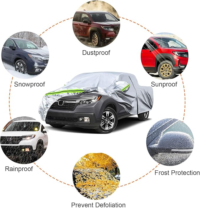 Waterproof Car Covers Replace for 2006-2024 Honda Ridgeline, 6 Layers Silver All Weather Custom-fit Car Cover with Zipper Door & Windproof Bands for Snow Rain Dust Hail Protection