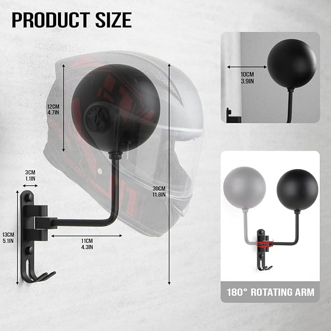PUERSI Helmet Holder Wall Mount - 180° Rotation Helmet Hanger for Motorcycle Bike Racing Outerwear Sports Gear Display Motorcycle Accessories