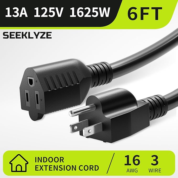 16/3 Black Extension Cord 6 FT (2Pack) Indoor, Short Extension Cord for Laptops, Coffee Makers, Office Home Appliances, 3 Prong Small Resistant Cable Flexible, 13A 125V 1625W ETL Listed