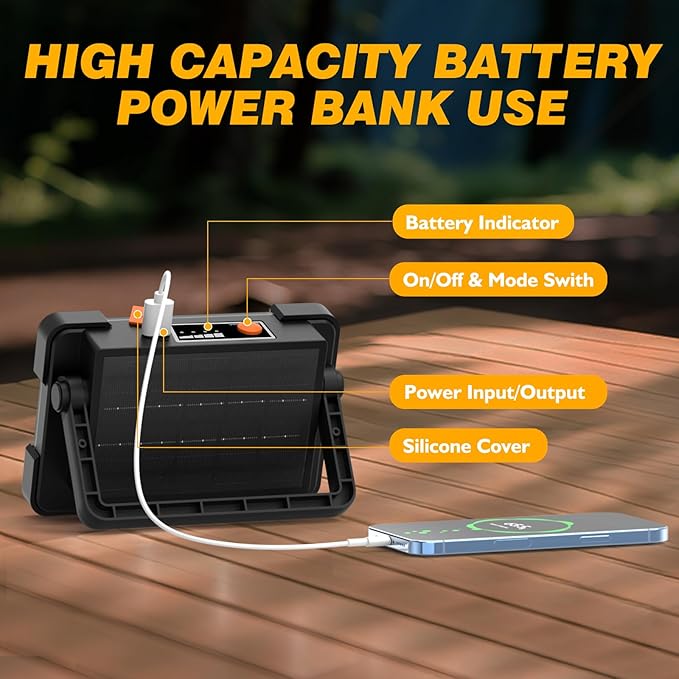 120W Solar Rechargeable Work Light, 144 LED 10000LM Led Work Light with 4 Modes, Portable Flood Light with Stand, IP66 Waterproof Outdoor Working Light for Emergency Mechanic Camping Repair (Black)