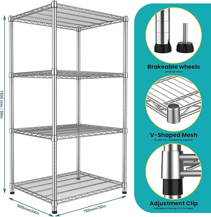 24"Depth Metal Wire Shelving Unit Metal Shelf Adjustable Storage Rack Kitchen Storage shelves 4 Tier Commercial Heavy-Duty 2200 LBS Sturdy Standing Steel for Home Garage Pantry 24"Dx 30"Wx59"H