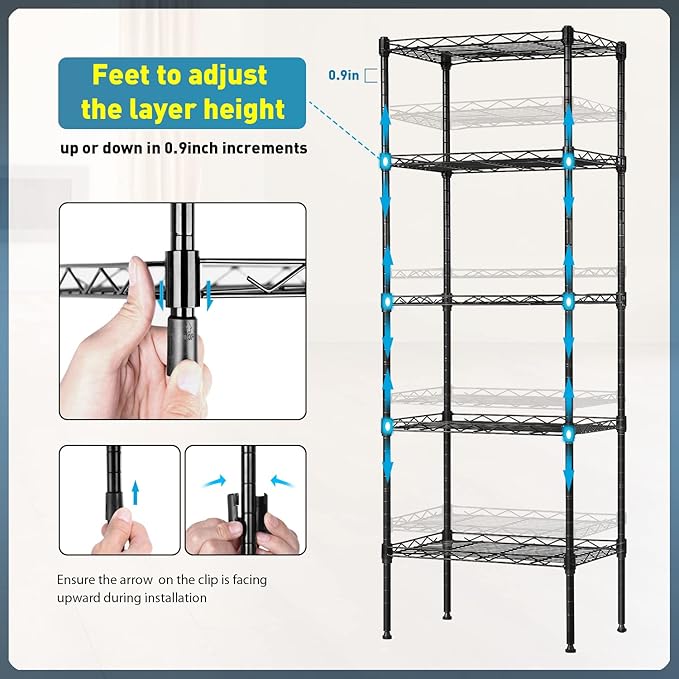 BestOffice Adjustable NSF-Certified Metal Shelf Wire Shelving Unit Storage for Small Places Restaurant Garage Pantry Kitchen Garage Rack (Black, 16.7L×11.8W×47.6H)