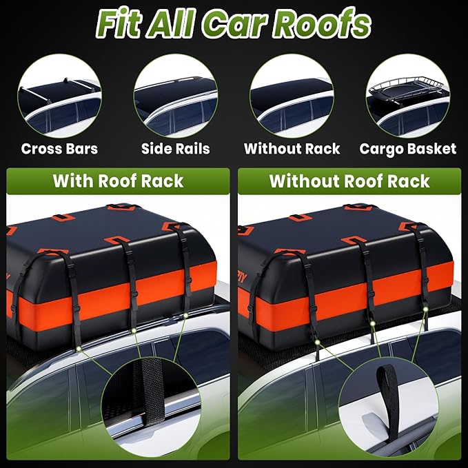 APTY 23 Cubic Feet Car Rooftop Cargo Bag Carrier, Soft Roof Top Luggage Bag for All Vechicles with/Without Racks - with Waterproof Zip, Luggage Lock, Anti-Slip Mat, Storage Bag, Door Hooks
