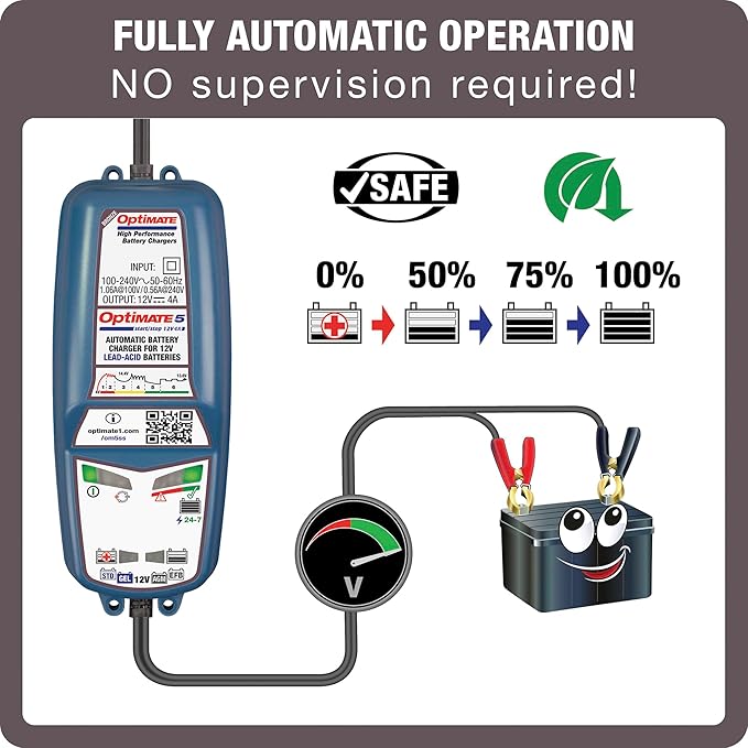 Tecmate Optimate 5 Start/Stop, TM-221-4A, 6-Step 12V 4A Battery Saving Charger-Tester-maintainer