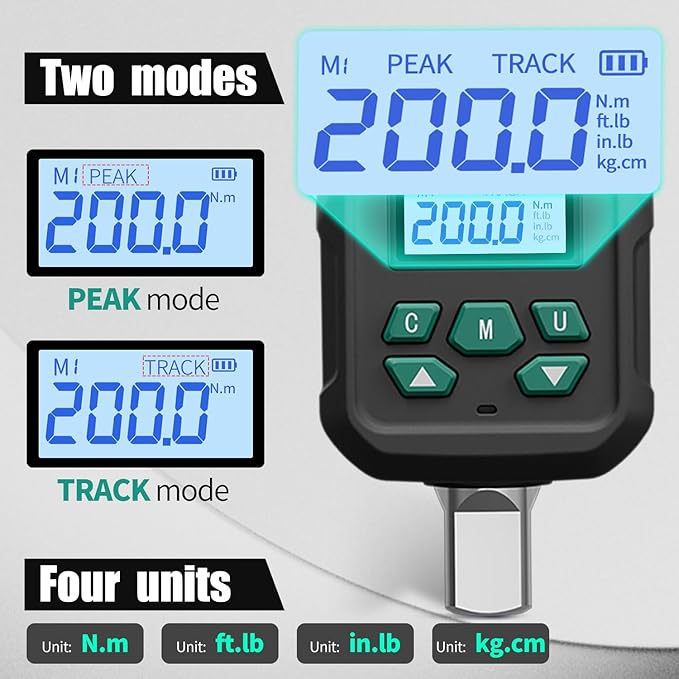 1/2" Digital Torque Adapter Set with Socket Adapters (1/4", 3/8") - 2% Accuracy, 7.4-147.5 ft-lb, Buzzer & LED Alerts, Working with Ratchet Wrench, Breaker Bar - for Automotive, Motorcycle & Car