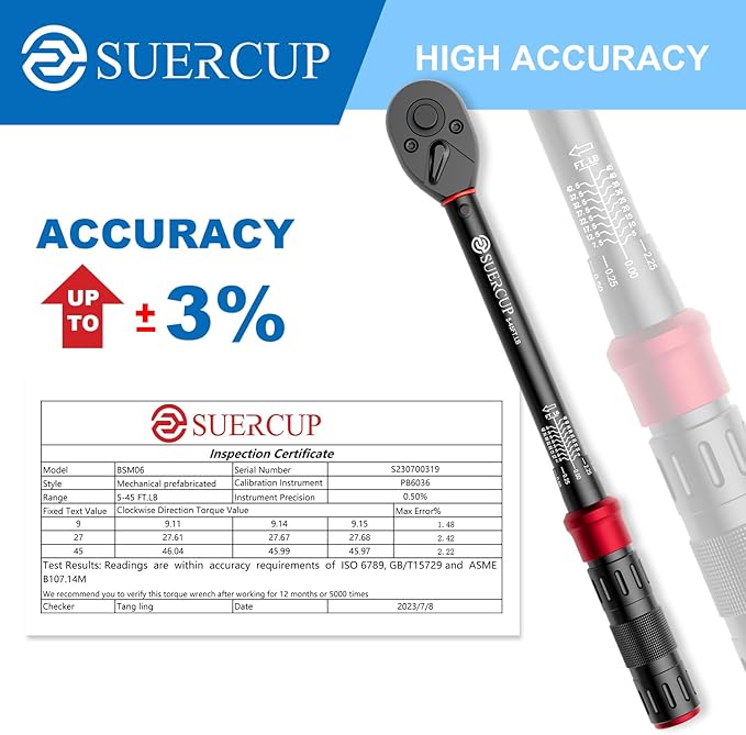 3/8-Inch Drive Click Torque Wrench - 5-45 Ft-Lb/6.8-61Nm, Dual-Direction Adjustable 72 Tooth Click Torque Wrench for Bike, Motorcycle and Car Repair