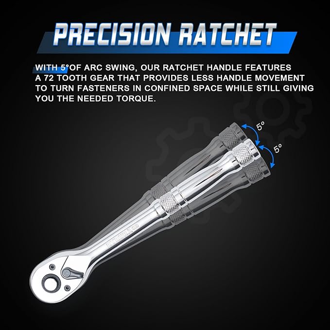 1/2-Inch Drive Ratchet Wrench,Standard Socket Wrench,72-Tooth Quick Release,Reversible Ratcheting Feature with Metal Handle