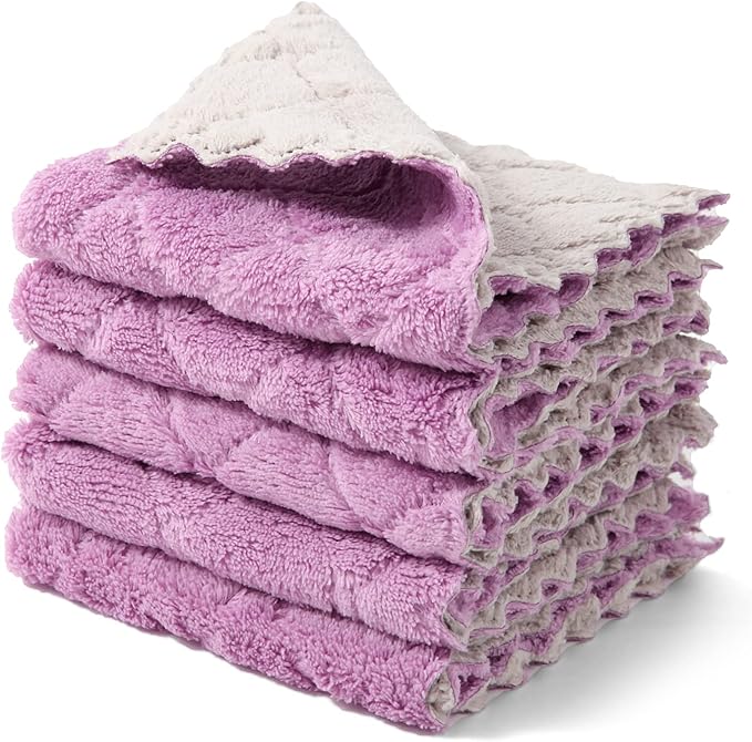 kimteny Cleaning Cloths Kitchen Towels Microfiber Washcloths Lint Free Dish Cloth Reusable Dishtowels Household Super Absorbent Fast Drying, 10"x10", Pack of 5 (Purple-Grey)