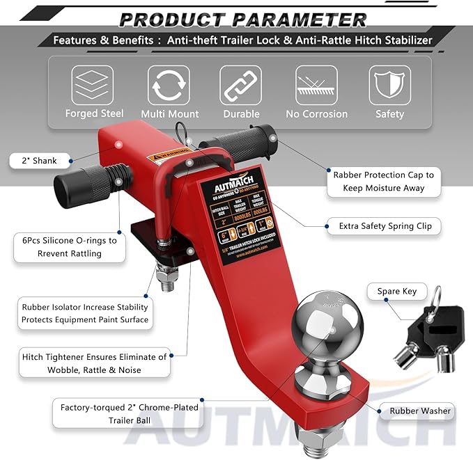 AUTMATCH Trailer Hitch Ball Mount with 2 Inch Hitch Ball - Fits 2" Receiver with Hitch Tightener, 8000Lbs Capacity Ball Hitch, 6-Inch Drop with 5/8" Hitch Lock Pin, Red