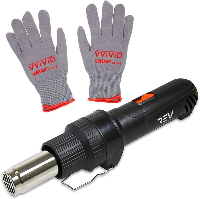 VViViD REV Professional Grade Inline Design Handheld Heat Gun for Automotive Vinyl Wrap (Heat Gun with Grey Nylon Utility Gloves)