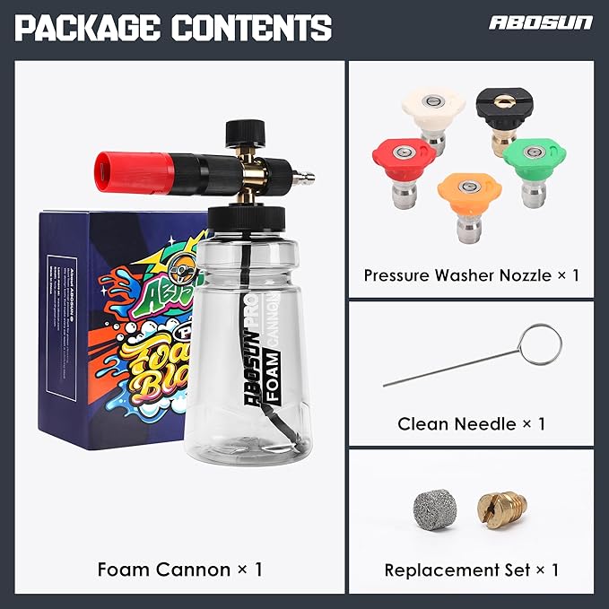 Foam Cannon for Pressure Washer with Wide Mouth, Adjustable Snow Foam Lance for Car Wash, 1/4" Quick Connect, 5 Nozzle Tips, Extra 1.1mm Orifice for Thick Foam