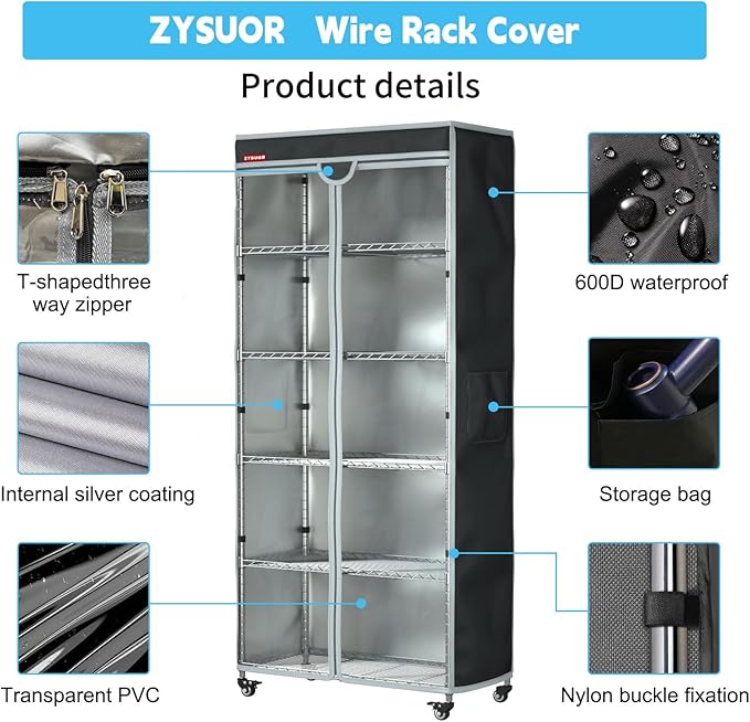 Wire Shelf Cover 30"x14"x54" – Waterproof Dustproof Shelving Cover, Clear PVC Front & T-Zipper for Storage Rack & Garment Racks (No Shelves, Black)
