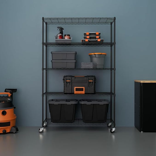 5-Tier Adjustable Wire Shelving with Wheels, Wire Shelf Rack for Kitchen Organization, Garage Storage, 400 to 2000 Pound Capacity, NSF Certified, 48” x 18” x 72”, Black