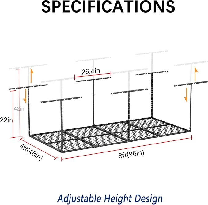 Soywey 4 x 8 FT Overhead Garage Storage Rack, Adjustable Ceiling Storage Racks, Garage Shelving Heavy-duty Storage Organizer System, Load 700LBS Weight(Black)