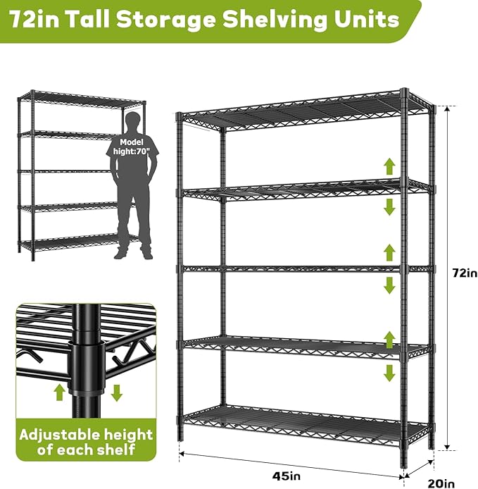 45" W x 20" D x 72" H Heavy Duty Wire Shelving Unit, 5-Tier Utility Storage Rack 2000 lbs Capacity, Adjustable Garage Shelves for Kitchen Garage Pantry, Easy Assembly
