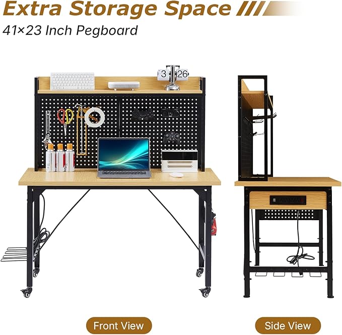 Zevemomo 48" Adjustable Height Workbench with Pegboard, Work Benches for Garage, Heavy Duty Wood Top Work Bench with Wheels, 2000 LBS Load Capacity, Rolling Work Table with Outlet Storage Shelf Hooks