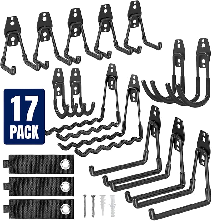 17 Pack Garage Hooks, Garage Wall Hooks with 3 Extension Cord Straps, Garage Heavy Duty Wall Mount Utility Hooks for Hanging Ladders, Garden Tools, Bikes, Hoses, Bulky Items