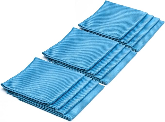 Crystal Clear Diamond Weave Glass & Chrome Microfiber Towels 12-Pack | 300 GSM 16x16 | Streak-Free Final Finish for Windows, Mirrors & Polished Surfaces (Blue)