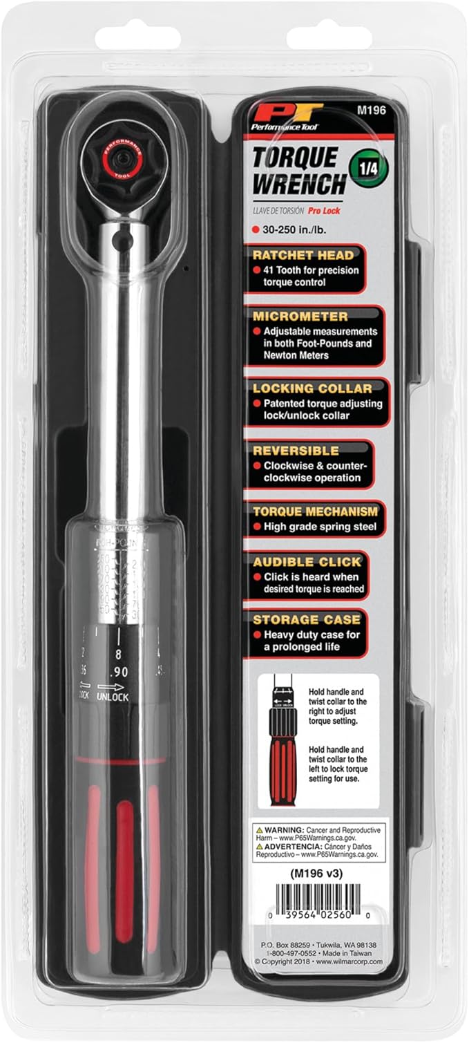 Performance Tool M196 1/4-Inch Drive Torque Wrench 250 inch/lb. - Dual Scale, Audible Click, Precision Ratchet