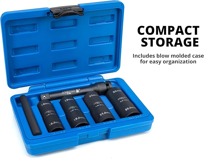 NEIKO 02290B Lug Nut Socket Set, 1/2” Impact Thin Wall Flip Socket Set, Half Size Wheel Socket Set, Metric 6 Point, 5" Extension Bar & Knockout Bar, 18.5mm, 19.5mm, 21.5mm, and 22.5mm