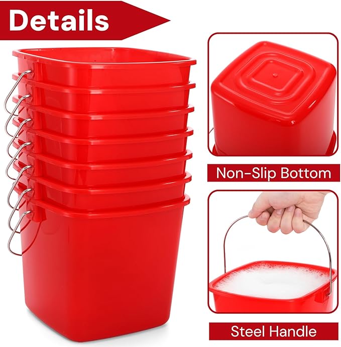 SOUJOY 7 Pack 3 Quart Cleaning Bucket, Plastic Small Sanitizing Bucket with Handle, Multi-Purpose Mini Square Pails for Kitchen, School, Offices, Household and Commercial Use, Red
