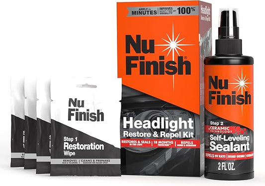 Nu Finish Headlight Restore and Repel Kit, 2-Step Car Headlight Restoration Kit with 4 Headlight Restorer Wipes and a Ceramic Self-Leveling Headlight Sealant Spray