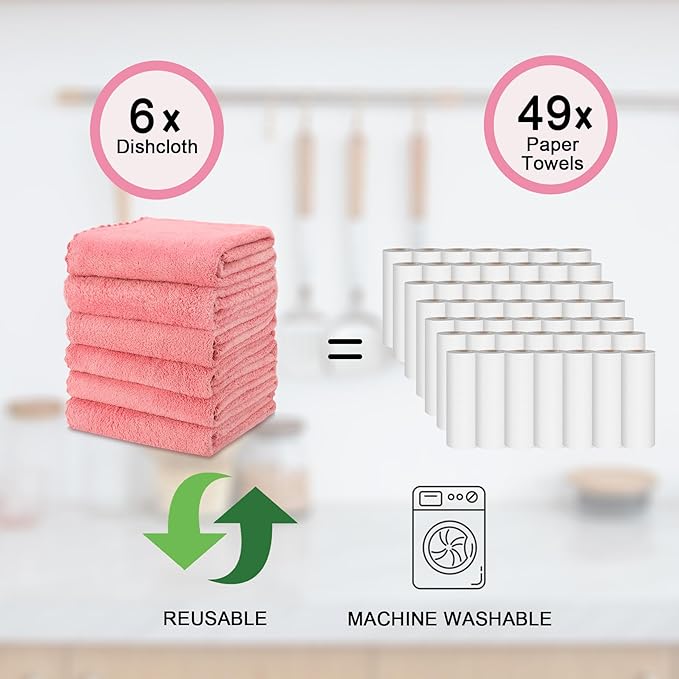 kimteny Kitchen Cloth Dish Towels, 13x28 Inches Premium Dishcloths, Super Absorbent Coral Velvet Microfiber Cleaning Cloths, Fast Drying Rags for Washing Dishes (13x28-6 Pack, Pink)