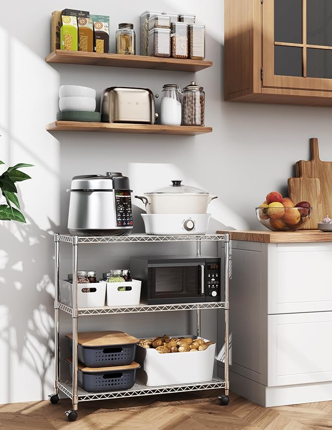 Simple Deluxe 3-Tier Storage Shelves, 750 Lbs Loading Capacity, 24.02" W x 13.78" D x 29.92" H Shelving Unit for Garage, Pantry and Kitchen, Chrome