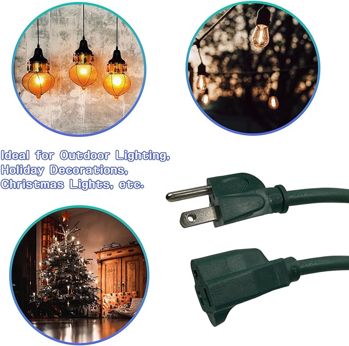 Indoor Outdoor Extension Cord 25 FT, 16/3 SJTW Weatherproof Green Electrical Cords, 13 AMP Heavy Duty 3 Prong Power Cable Great for Garden, Landscaping & Holiday Decorations