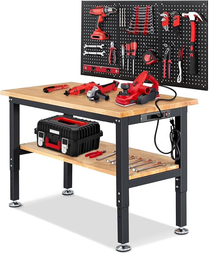 ENJOYWOOD 48" x 20" Adjustable Height Workbench with Under Table Shelf Heavy Duty Rubberwood Top Work Table for Garage, Workshop, Office & Home