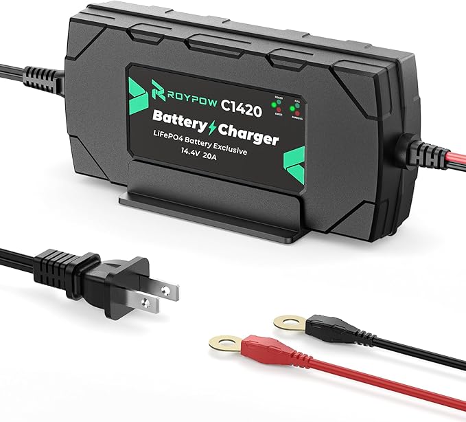 12V 20A Lithium Battery Charger, RoyPow 12V LiFePO4 Battery Charger 14.4V Smart Lithium Battery Chargers with M8 Ring Terminal, 12V battery Maintainer for Deep Cycle Rechargeable Battery of Boats, RVs