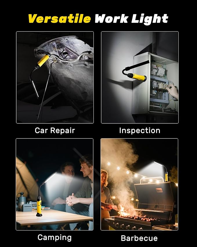 Magnetic LED Work Light Rechargeable,1000LM Flexible Gooseneck Magnetic Flashlight with Top & Base Magnets, Portable Mechanic Light for Auto Repair, Work Bench, Inspection, Emergency