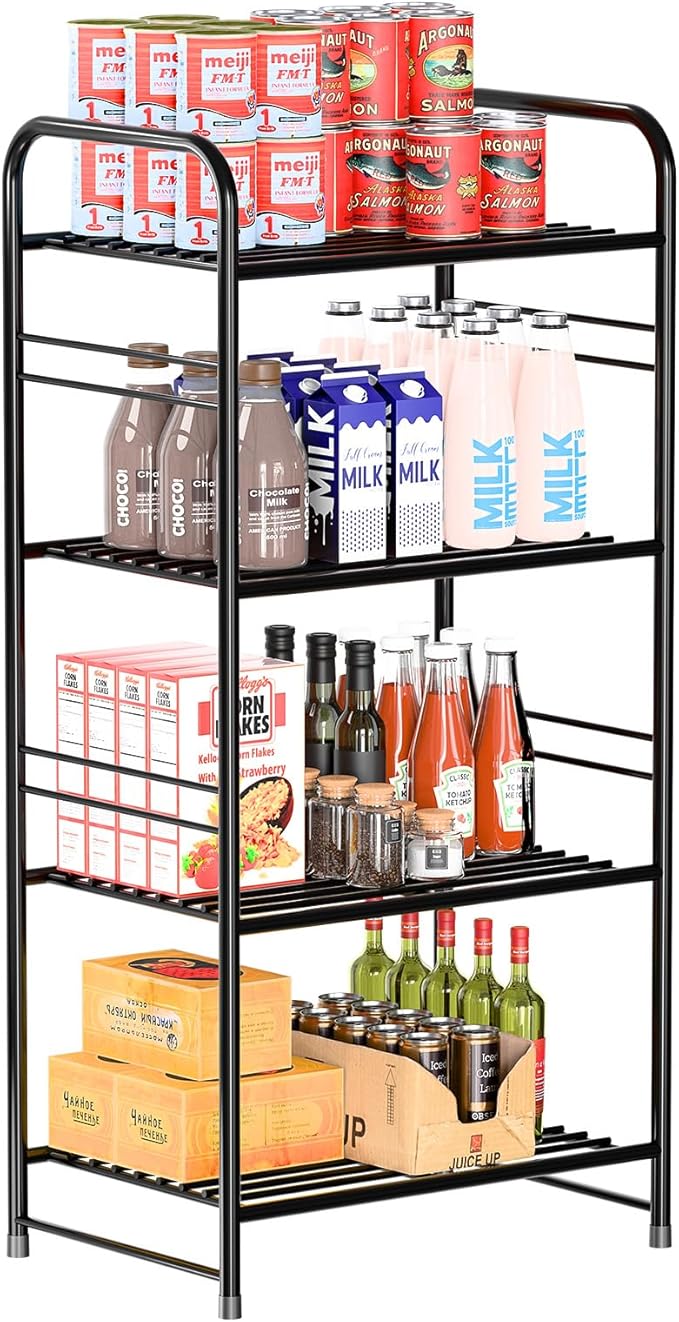4 Tier Metal Pantry Shelves for Storage, 38” Tall Laundry Room Shelf, Multipurpose Shelf for Plant, Bedroom, Kitchen, Bathroom, Black