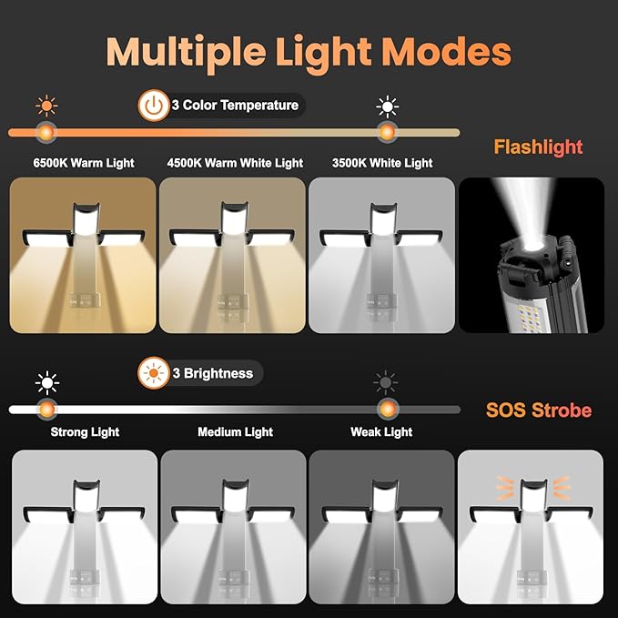 CAVN Rechargeable Camping Lights with Stand 6.5 ft Max Height, Portable Cordless LED Work Light 2200 Lumens 6500/4500/3500K Dimmable Camping Essentials Gear with Detachable Tripod, Black