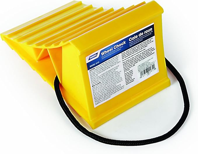 Camco 44472 Wheel Chock with Rope for Easy Removal, Helps Keep Your Trailer or RV in Place (Pack of 2), Yellow