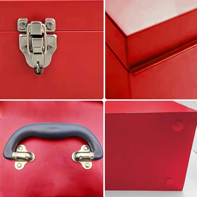 16" Portable Metal Toolbox Large Tool Box 18-Gauge Fishing Tackle Box Stee Tool Box Drawer Organizer With Metal Latch and Handle Red