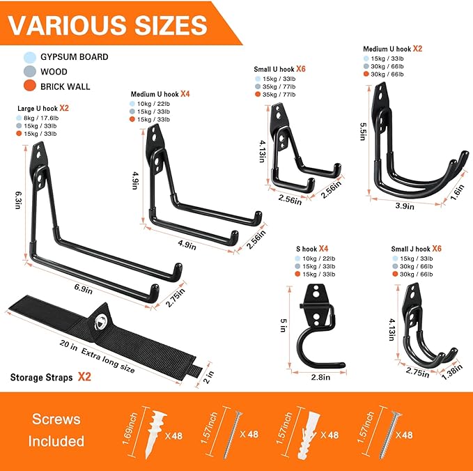 HUPBIPY 26 Pack Garage Hooks Heavy Duty Utility Steel with Anti-Slip Coating Wall Mount Storage Organizer for Hanging Power and Garden Tools, Ladders, Hose, Bikes, Ropes, Bulk Items, and More