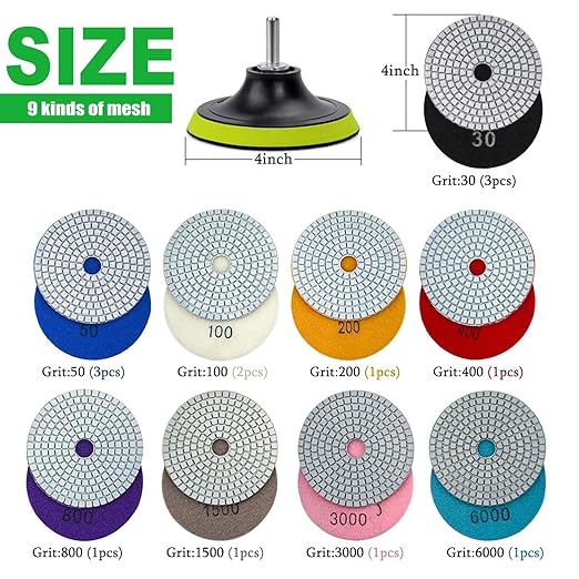 16PCS Wet Dry Diamond Polishing Pad Kit, 4 Inch Diamond Sanding Pad 30-6000 Grit with 5/8''-11 Thread Backer Plate for Concrete Marble Quartz Granite Countertop Stone & Tile Polishing