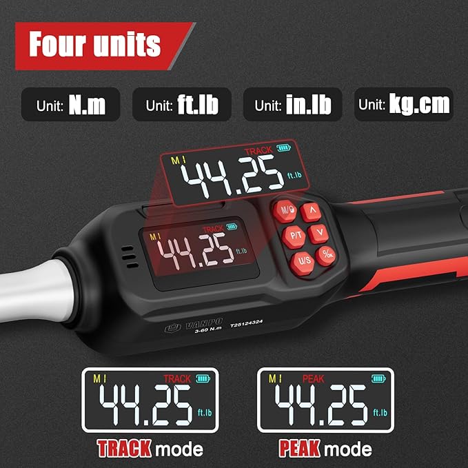 VANPO Adjustable Digital Torque Wrench, 2.2-44.3 Ft.lb/3-60Nm, ±2% Accuracy, HVAC Torque Wrench with Interchangeable 42mm Jaw & 3/8" Ratchet Head, Buzzer, Vibration and LED Alert for Split AC, Moto