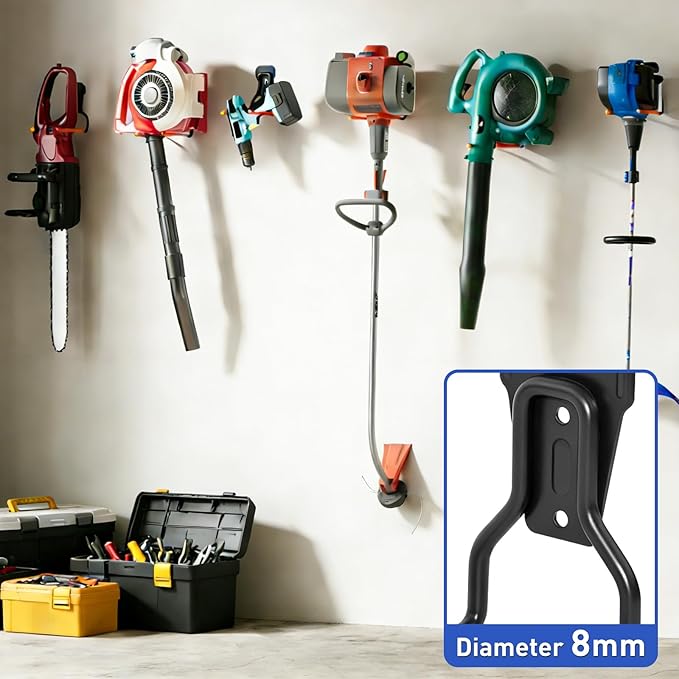 Heavy Duty Garden Power Tool Hanger, Garage Storage Utility Hooks with Storage Straps, Electric Tool Hooks, String Trimmer Hangers, Garden Tool Organizer, Weedeater Rack (4, Orange)