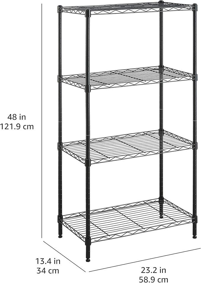 Amazon Basics 4-Shelf Steel Wire Storage Shelves for Garage, Adjustable Metal Shelving Unit, 200 lbs Per Shelf, 23.2" W x 48" H x 13.4" D, Black | Sturdy, Adjustable, Easy Assembly, Storage