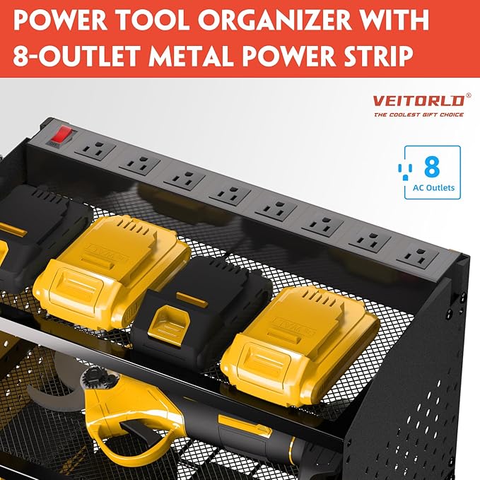 Power Tool Organizer with Charging Station, Heavy Duty Modular Wall Mount Rack for Garage & Shed Organization, 4 Drill Holders, Fathers Day Anniversary Birthday Gifts for Men Dad Him Husband(Black)