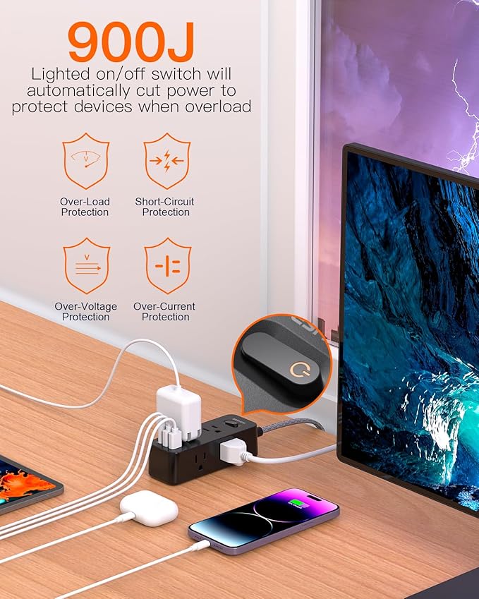 10 FT Black Extension Cord, BESHON Surge Protector Power Strip with 6 Outlets 3 USB Ports(1 USB C), 3-Side Outlet Extender, Flat Plug, Wall Mount for Home, Office, Travel, and Dorm Essential