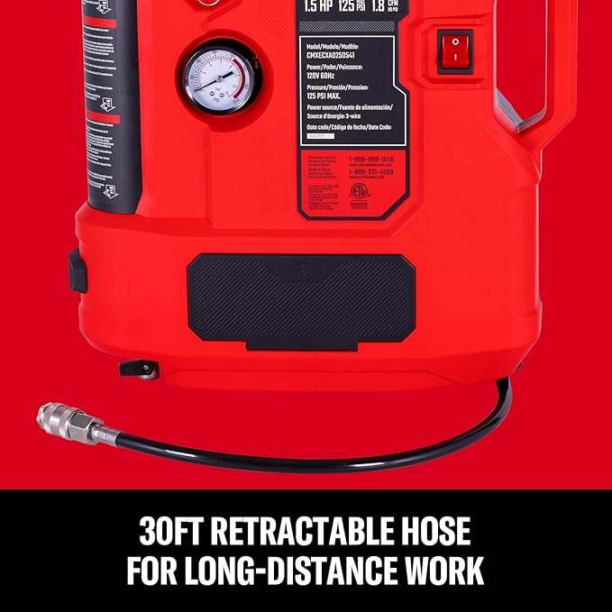 CRAFTSMAN Wall Mount Air Compressor With 7 PCS Accessory Kit, Tire Inflator Portable Air Compressor with Retractable 30ft Air Hose, Mini Tank 125 PSI MAX Pressure & 1.5 HP for Garage and Home