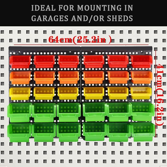 MULSAME Wall Mounted Storage Bins Parts Rack 4 Colors Bin Organizer Garage Plastic Shop Tool, Garage Organizers and Storage (Style-Vivid) 50.4"*32.4"