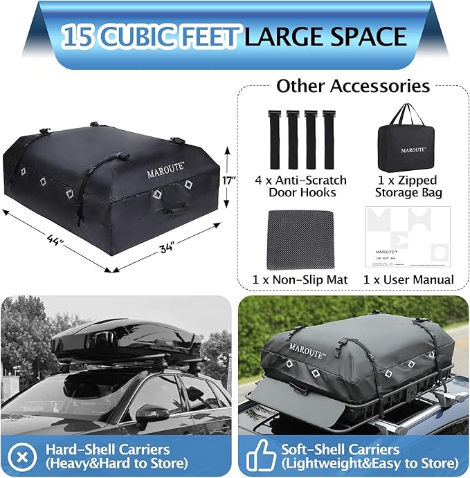IDEALHOUSE 2024 New Rooftop Cargo Carrier Bag – 15 Cu Ft Heavy-Duty Robust Waterproof & Durable Storage Bag, Universal Fit with 8 Door Hooks
